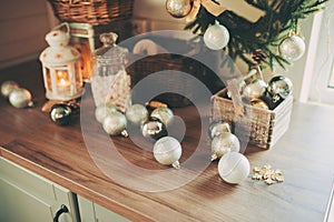 Country house kitchen decorated for Christmas and new year Holidays