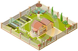 Country house and large garden with pergola, greenhouse and flowers. 3d isometric illustration photo