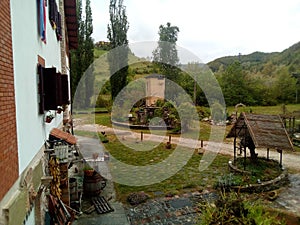 Country house in the mountains of Apeninines, Italy. In the courtyard of the extension.