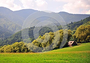 Country house in mountains, summer landscape