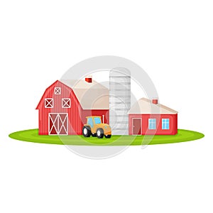 Country house with red barn, farmer tractor and granary building on green farm field plot cartoon vector illustration, isolated on