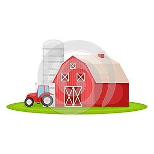 Country house with red barn, farmer tractor and granary building on green farm field plot cartoon vector illustration, isolated on