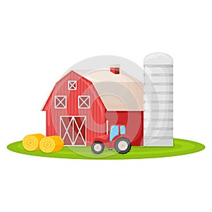 Country house with red barn, farmer tractor and granary building on green farm field plot cartoon vector illustration, isolated on