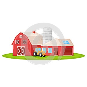 Country house with red barn, farmer tractor and granary building on green farm field plot cartoon vector illustration, isolated on