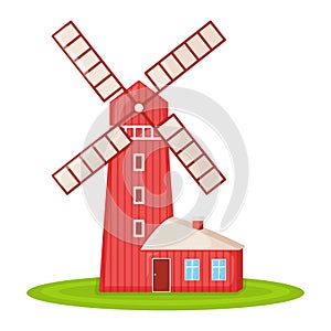 Country house with red mill, farm barn and granary building on green farm field plot cartoon vector illustration, isolated on