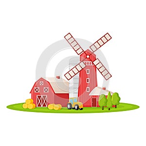 Country house with red mill, farm barn and granary building on green farm field plot cartoon vector illustration, isolated on