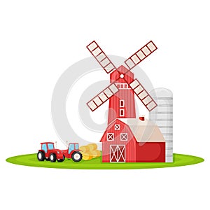 Country house with red mill, farm barn and granary building on green farm field plot cartoon vector illustration, isolated on