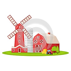 Country house with red mill, farm barn and granary building on green farm field plot cartoon vector illustration, isolated on