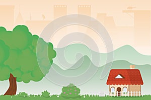 Country house standing on a green lawn next to a large green oak tree near the city. Flat illustration of a house, lawn, forest an