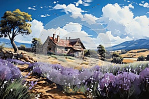 Country house surrounded by a field of lavender on the background of mountains