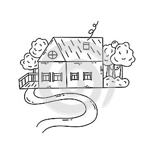 Country house among the trees. Vector doodle