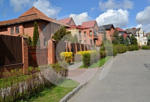 Country houses from a red brick in the cottage settlement. Kaliningrad