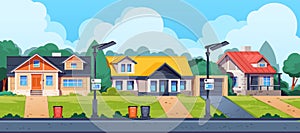 Country houses street. Cartoon suburban cottage building exterior, countryside neighborhood with rural buildings. Vector landscape