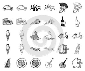 Country Italy monochrome,outline icons in set collection for design. Italy and landmark vector symbol stock web