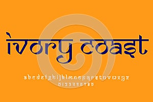 country ivory coast text design. Indian style Latin font design, Devanagari inspired alphabet, letters and numbers, illustration