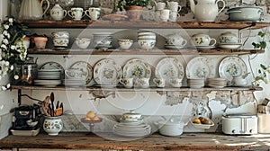 country kitchen decor, old-fashioned ceramic tableware on rustic shelves in a farmhouse kitchen, infusing a nostalgic