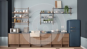 Country kitchen, eco interior design in blue tones, sustainable parquet, potted plants, herbs, wooden shelves, microwave and