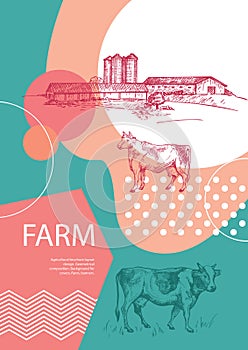 Country landscape. Abstract composition. Cows, barn and grain elevator.