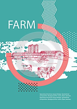 Country landscape. Abstract composition. Cows, barn and grain elevator.