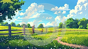 Country landscape background with farm pasture, farmland, grassland behind fence. Spring and summer nature background