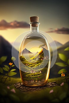 Country landscape, mountains, roads, artwork in a glass bottle