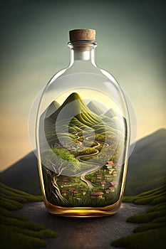 Country landscape, mountains, roads, artwork in a glass bottle