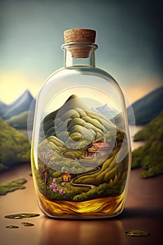 Country landscape, mountains, roads, artwork in a glass bottle