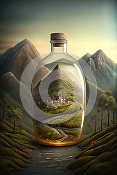 Country landscape, mountains, roads, artwork in a glass bottle