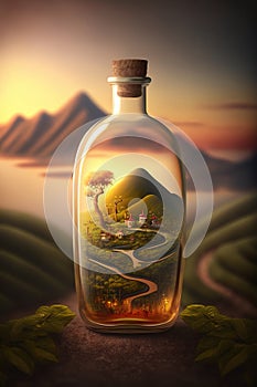 Country landscape, mountains, roads, artwork in a glass bottle