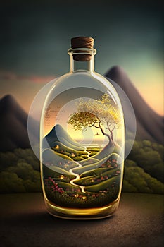 Country landscape, mountains, roads, artwork in a glass bottle