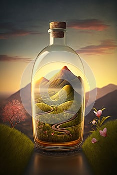 Country landscape, mountains, roads, artwork in a glass bottle