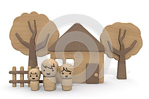 Country life. A family of three. wood house. 3D rendering