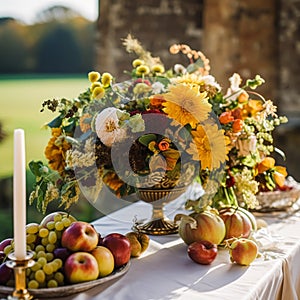 Country life, fruit garden and floral decor, autumnal flowers and autumn fruit harvest celebration, country cottage style,
