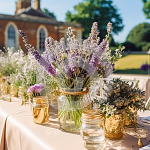 Country life, garden and floral decor, lavender flowers bouquet in the countryside, country cottage style, generative ai