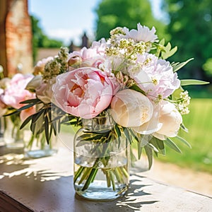 Country life, garden and floral decor, peony flowers bouquet in the countryside, country cottage style, generative ai