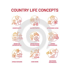 Country life red concept icons set