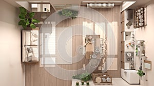 Country living, dining room and kitchen, eco interior design in beige tones, sustainable parquet, sofa and table. Top view, plan,