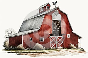 Country Living, Vintage Red Barn Watercolor Illustration, Isolated on White Background - Generative AI