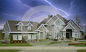 Country Mansion Home Dwelling Residence House Roof Front View Exterior Lightning