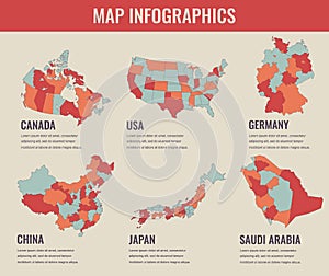 Country maps infographic template. USA, Japan, Canada, China, Germany, Saudi Arabia. Selectable territories. Vector