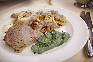 Country meal of soup beef, bone marrow and potato