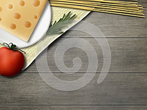 Country mockup. Rustic still life. Tomato, spaghetti, rosemary, cheese.