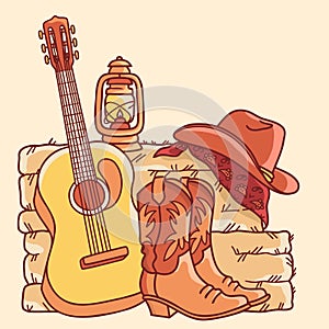 Country music background with acoustic guitar and american cowboy boots and cowboy hat on straw and hay. Vector hand draw Country
