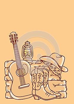 Country music background with acoustic guitar and american cowboy boots and cowboy hat on straw and hay. Vector hand drawn graphic