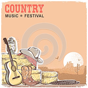 Country music background with guitar and american cowboy equipment