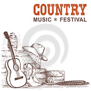 Country music background with guitar and american cowboy shoes a