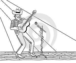 Country music background. Man wearing in cowboy outfit guitar player vector line illustration isolated on white..