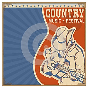 Country music background retro poster with man in cowboy hat an