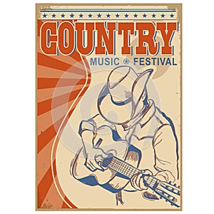 Country music background with text.Musician in cowboy hat playi