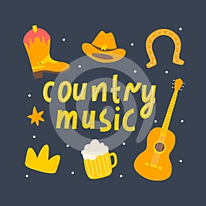 Country music concept.Set of country music elements in hand drawn style.